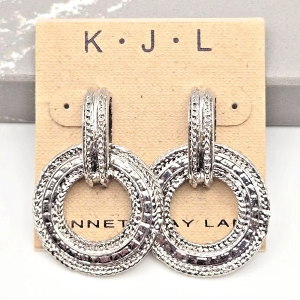 Kenneth Jay Lane Textured Silver Tone‎ Circle Drop Post Earrings Door Knockers - Picture 2 of 4